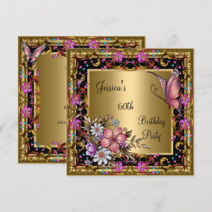 60th Birthday Ornate Pink Floral Butterfly Gold Invitation