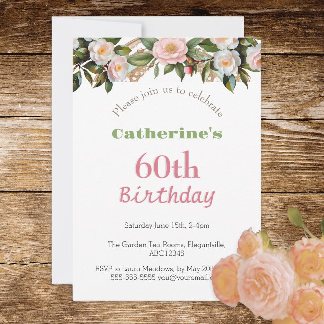 60th Birthday Party Afternoon Tea Floral Pretty Invitation (A stylish invitation for a 60th birthday party, with pink roses design)