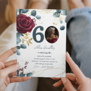 60th Birthday party and red roses and blue Invitation