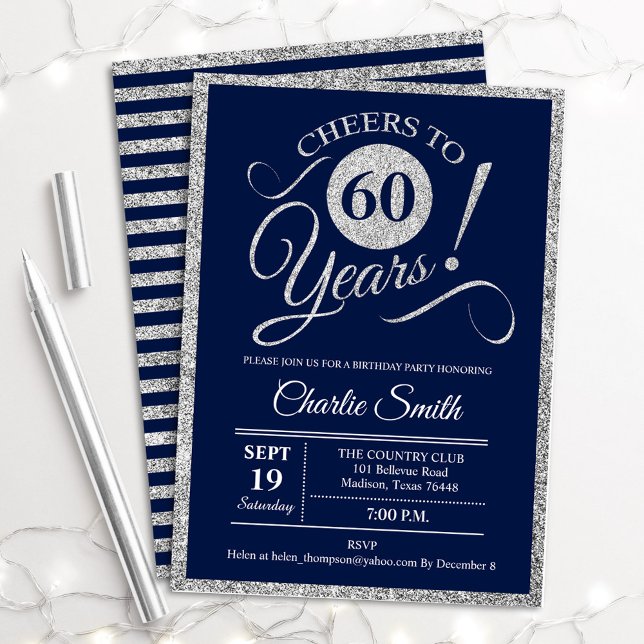 60th Birthday Party - ANY AGE Navy Silver Invitation (Creator Uploaded)