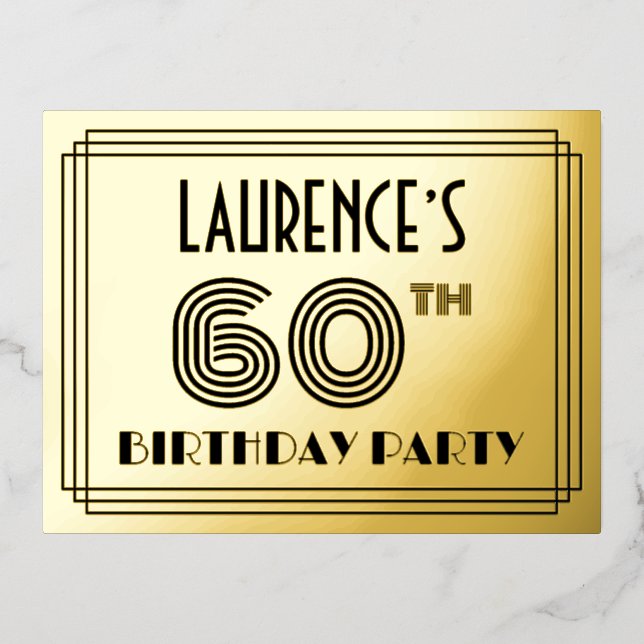 60th Birthday Party ~ Art Deco Style “60” + Name Foil Invitation Postcard (Front)