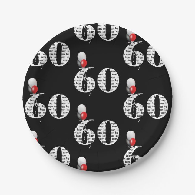 60th birthday party balloons on black paper plate (Front)