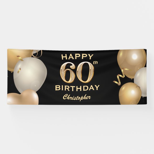 60th Birthday Party Black and Gold Balloons Banner (Horizontal)
