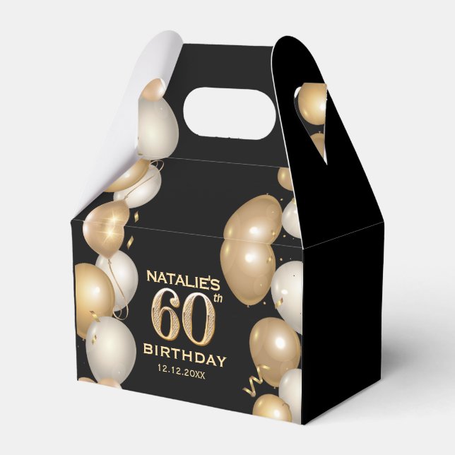 60th Birthday Party Black and Gold Balloons Favor Box (Front Side)