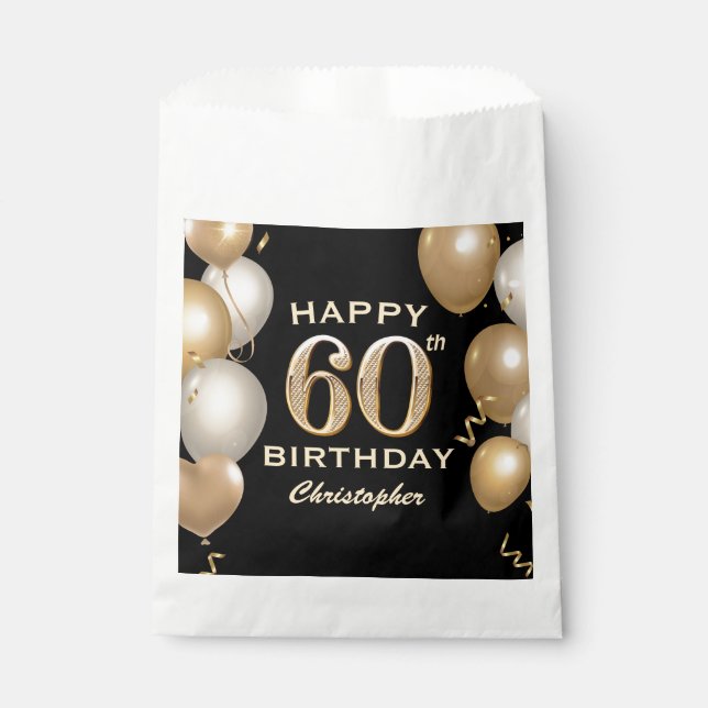 60th Birthday Party Black and Gold Balloons Favour Bag (Front)