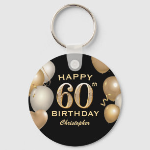 60th Birthday Party Black and Gold Balloons Keychain