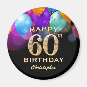 60th Birthday Party Black and Gold Balloons Magnet
