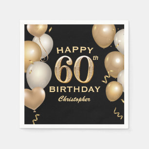 60th Birthday Party Black and Gold Balloons Napkin