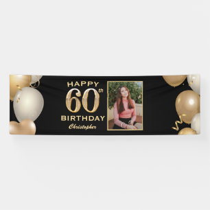 60th Birthday Party Black and Gold Balloons Photo Banner