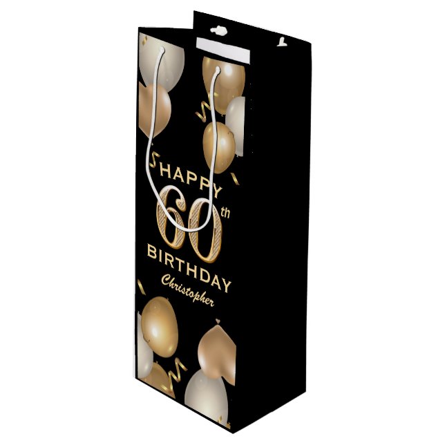 60th Birthday Party Black and Gold Balloons Wine Gift Bag (Front Angled)