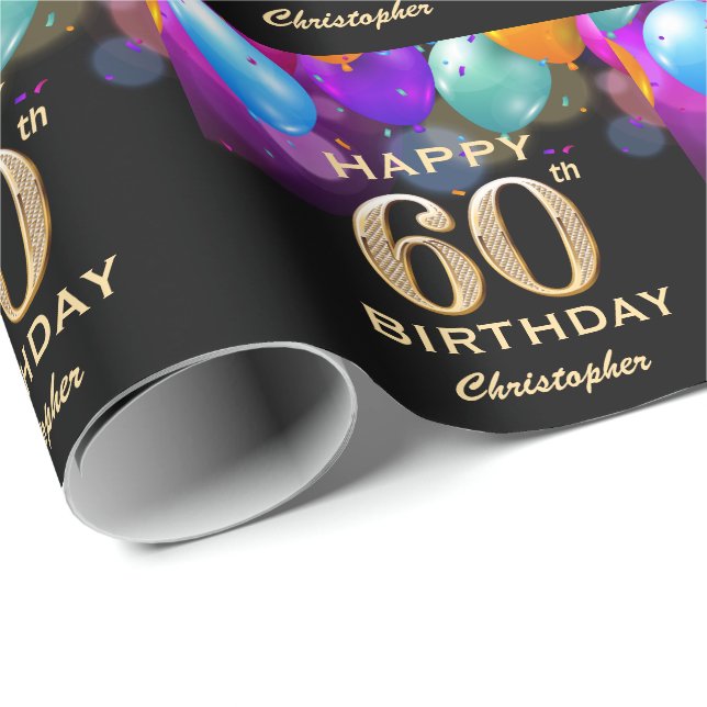 60th Birthday Party Black and Gold Balloons Wrapping Paper (Roll Corner)