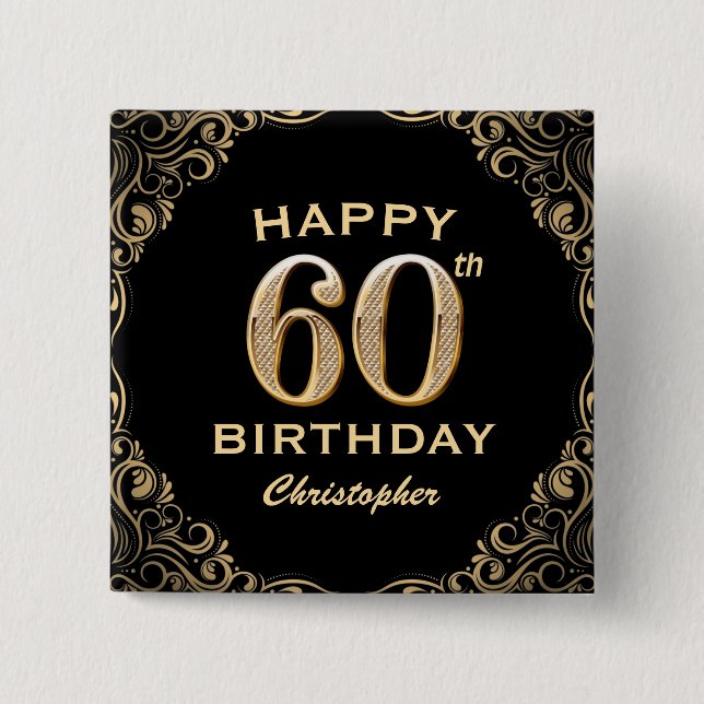 60th Birthday Party Black and Gold Glitter Frame 2 Inch Square Button (Front)
