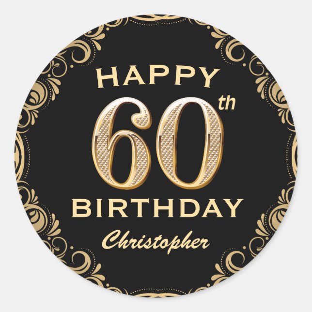 60th Birthday Party Black and Gold Glitter Frame Classic Round Sticker (Front)