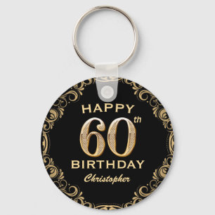 60th Birthday Party Black and Gold Glitter Frame Keychain