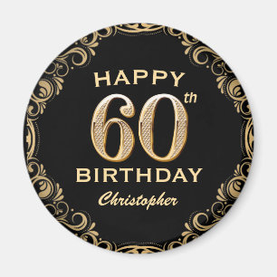 60th Birthday Party Black and Gold Glitter Frame Magnet