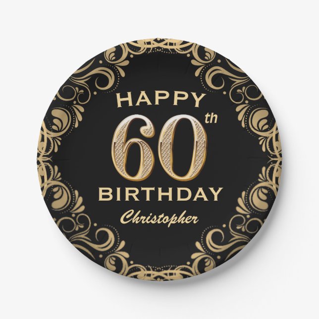 60th Birthday Party Black and Gold Glitter Frame Paper Plate (Front)