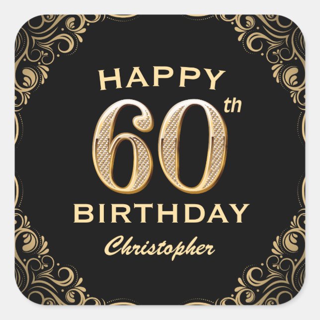 60th Birthday Party Black and Gold Glitter Frame Square Sticker (Front)