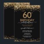 60th Birthday Party Black and Gold Invitation<br><div class="desc">Elegant Faux gold glitter with shimmering confetti highlights on the top and bottom border. All text is adjustable and easy to change for your own party needs. Great elegant 60th birthday template design.</div>