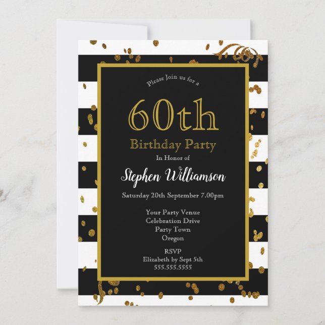 60th Birthday Party Black and White | Gold Glitter Invitation (Front)