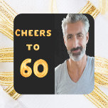 60th birthday party black gold cheers to 60 guy square sticker<br><div class="desc">A trendy 60th birthday party sticker. With the text: Cheers to 60 on front written with faux gold balloon letters. Black background. Template for your photo.</div>