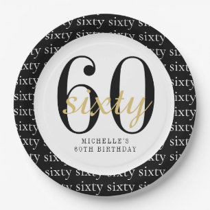 60th Birthday Party Black Gold Paper Plate