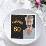 60th birthday party black gold photo napkin<br><div class="desc">A napkin for guys 60th birthday party. Template for your photo.  Black background colour and the text: Happy 60.  The text is written with a trendy faux gold balloon script. The world happy with curved letters. Golden confetti as decor.</div>