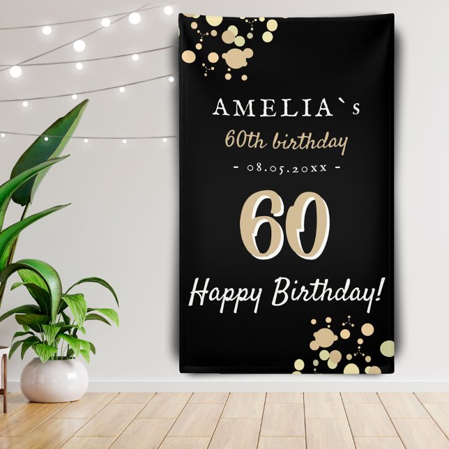 60th Birthday Party Black Golden Backdrop Banner (Creator Uploaded)
