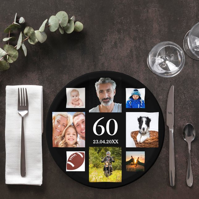 60th birthday party black photo collage men guy paper plate (Creator Uploaded)