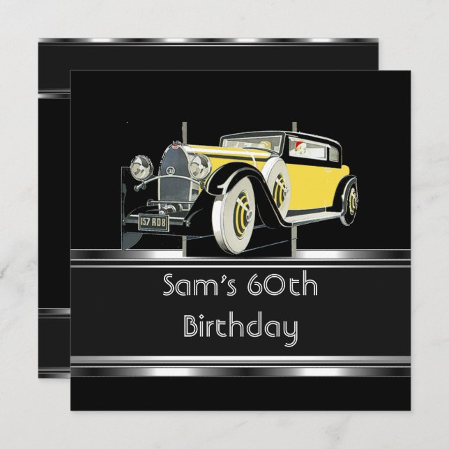 60th Birthday Party Black Vintage Car Mans Invitation (Front/Back)