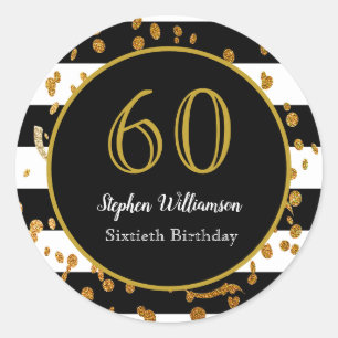 60th Birthday Party  Black White and Gold Glitter Classic Round Sticker