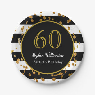 60th Birthday Party  Black White and Gold Glitter Paper Plate