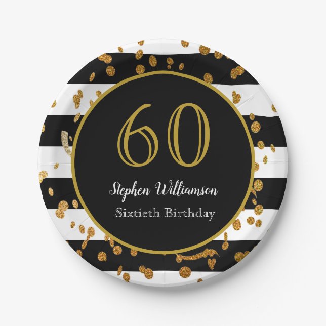 60th Birthday Party| Black White and Gold Glitter Paper Plate (Front)