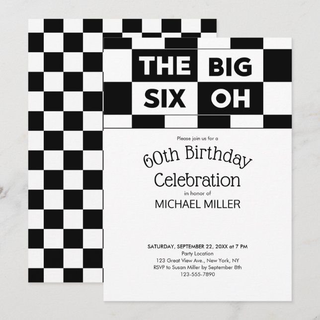 60th Birthday Party Black White Chequered Pattern Invitation (Front/Back)
