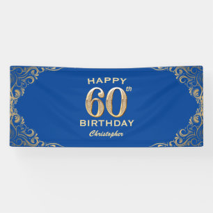 60th Birthday Party Blue and Gold Glitter Frame Banner