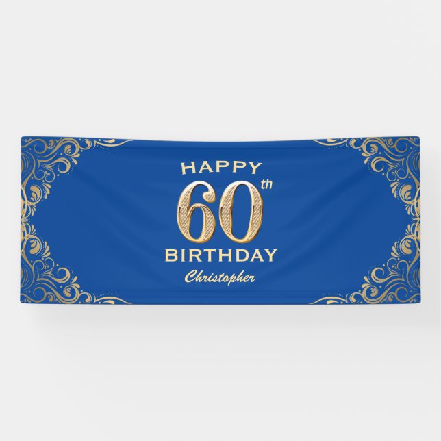 60th Birthday Party Blue and Gold Glitter Frame Banner (Horizontal)