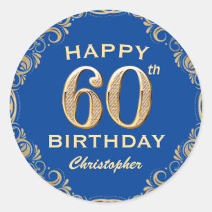 60th Birthday Party Blue and Gold Glitter Frame Classic Round Sticker