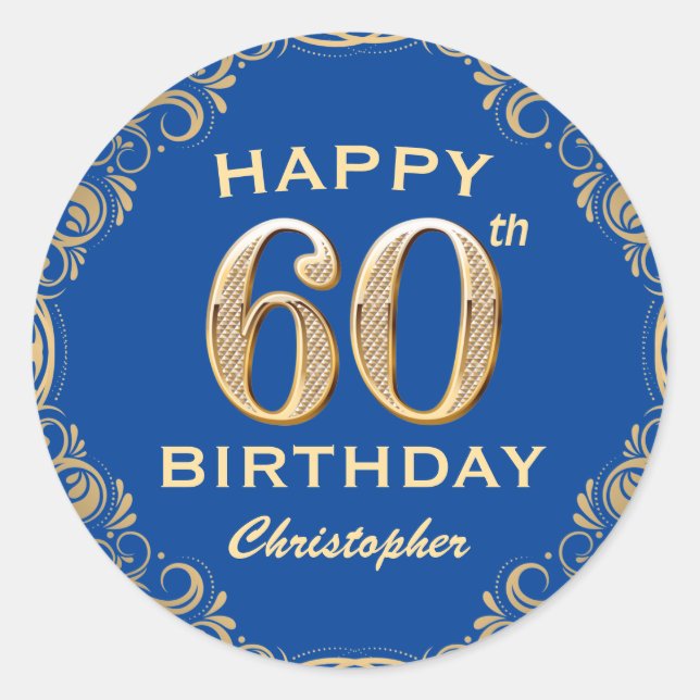 60th Birthday Party Blue and Gold Glitter Frame Classic Round Sticker (Front)