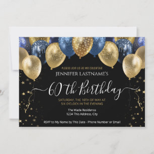 60th Birthday Party Blue and Gold Invitation