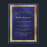 60th birthday party blue gold shiny invitation postcard<br><div class="desc">A trendy,  modern 60th birthday party invitation card for men,  guys,  male.   A dark blue,  navy blue background. The blue colour is uneven.  With a faux gold frame and golden confetti sprinkle,  golden coloured letters. Templates for your party information.
Back: plain postcard design.</div>