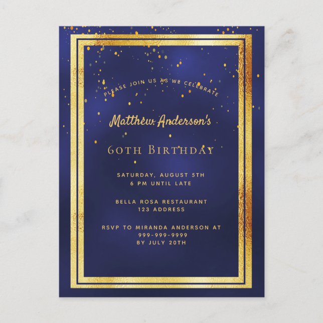 60th birthday party blue gold shiny invitation postcard (Front)