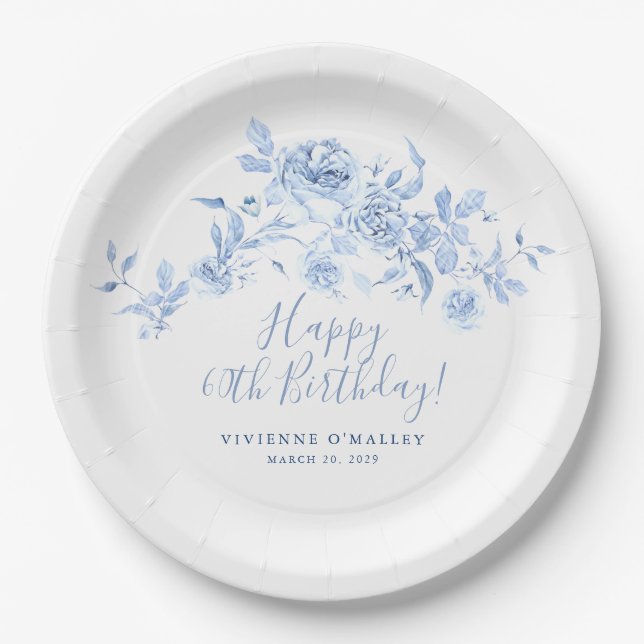 60th Birthday Party Blue Rose Floral Custom Paper Plate (Front)