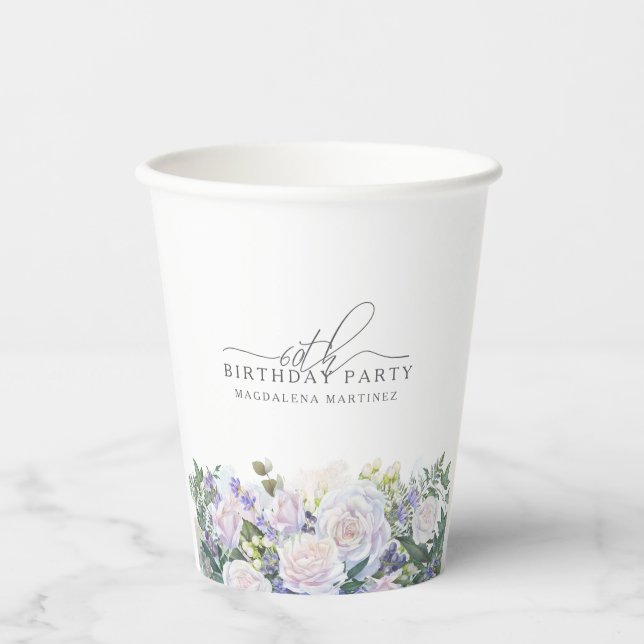 60th Birthday Party Blue White Floral Custom Paper Cups (Front)