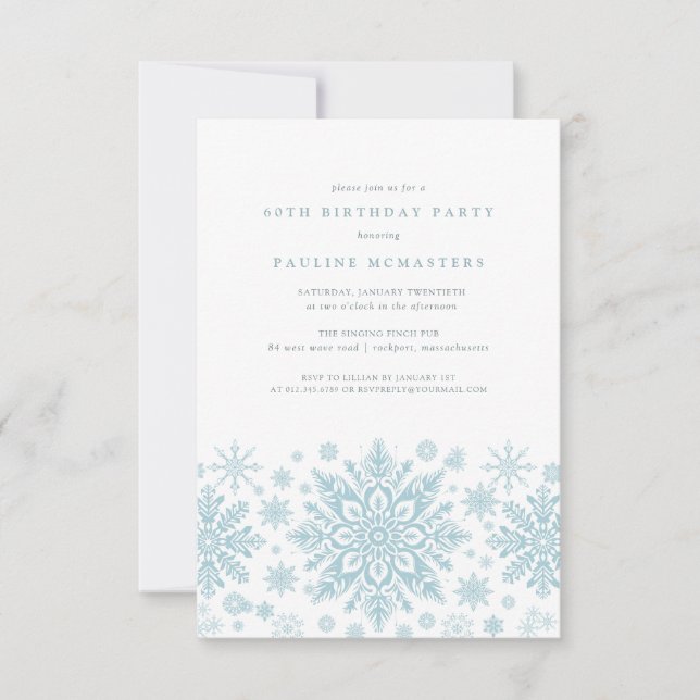60th Birthday Party Blue White Snowflake Winter Invitation (Front)