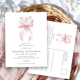 60th Birthday Party Blush Pink Bow Wildflower Invitation Postcard