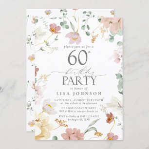 60th Birthday Party Blush Pink Watercolor Flowers Invitation