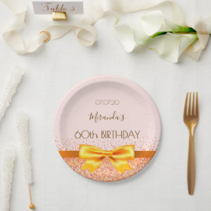 60th birthday party blush rose gold bow name paper plate