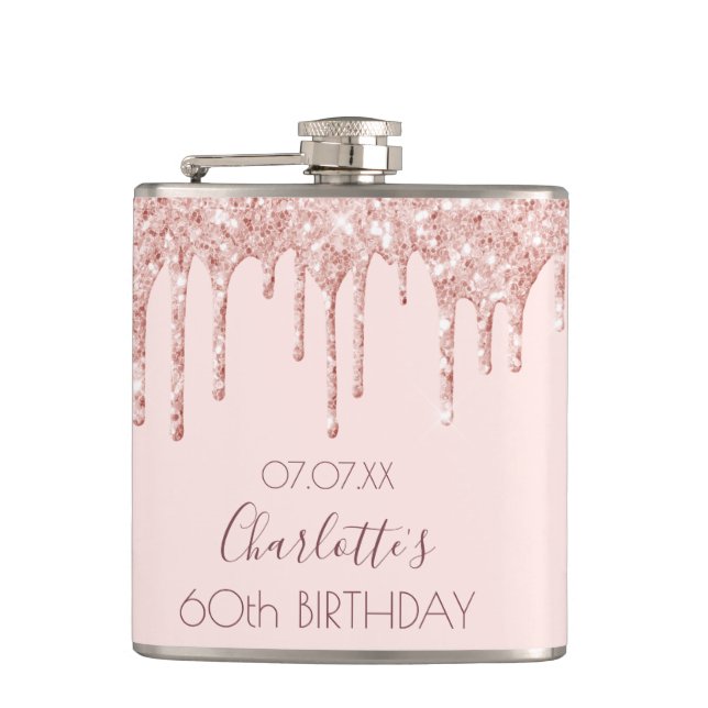 60th birthday party blush rose gold glitter drips hip flask (Front)