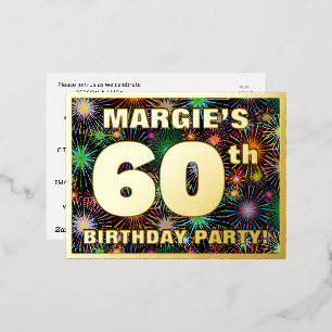 60th Birthday Party: Bold, Colourful Fireworks Loo Foil Invitation Postcard