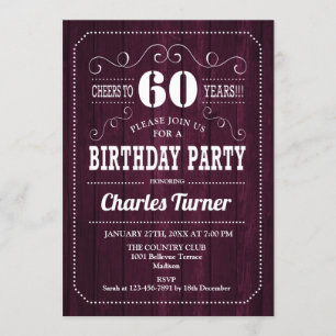 60th Birthday Party - Burgundy Wood Pattern Invitation