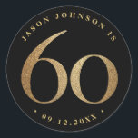 60th Birthday Party Classic Round Sticker<br><div class="desc">60th birthday party stickers in gold</div>